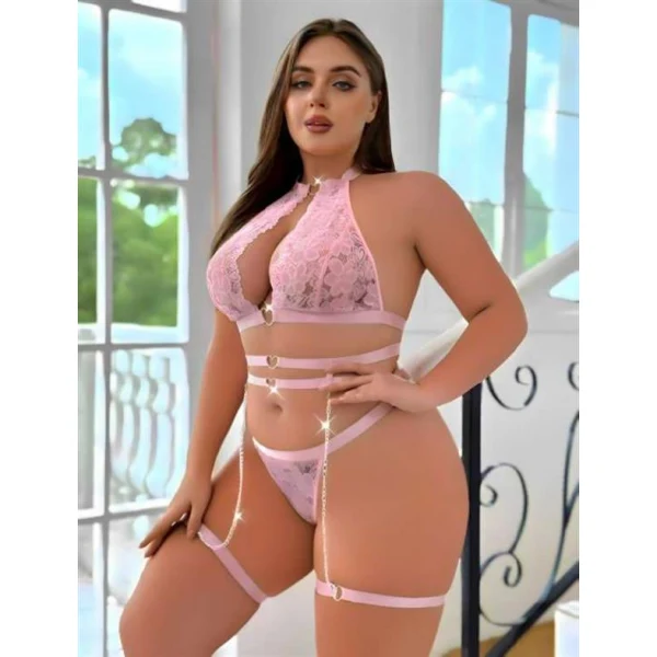 Arias Closet Büyük Beden Pembe Dantel İşlemeli Zincir Detaylı Jartiyer Takımı