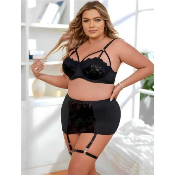 Arias Closet Büyük Beden Siyah Dantel İşlemeli Dekolteli Jartiyer Takımı