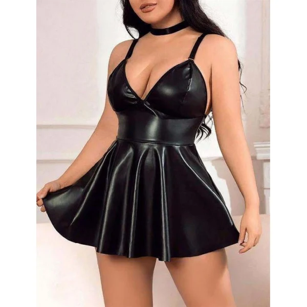 Arias Closet Büyük Beden Siyah Deri Fantezi Elbise