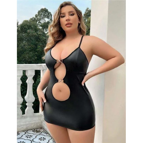 Arias Closet Büyük Beden Siyah Deri Metal Aksesuarlı Fantezi Elbise