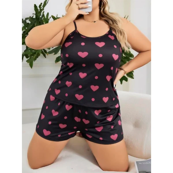 Arias Closet Büyük Beden Siyah Kalp Desen İnce Askılı Pamuklu Şortlu Pijama Takımı