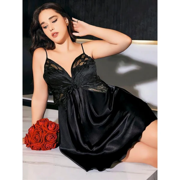 Arias Closet Büyük Beden Siyah Kelebek Desenli İnce Askılı Saten Gecelik