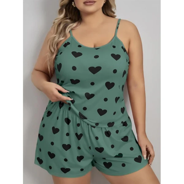 Arias Closet Büyük Beden Yeşil Kalp Desen Pamuklu Şortlu Pijama Takımı