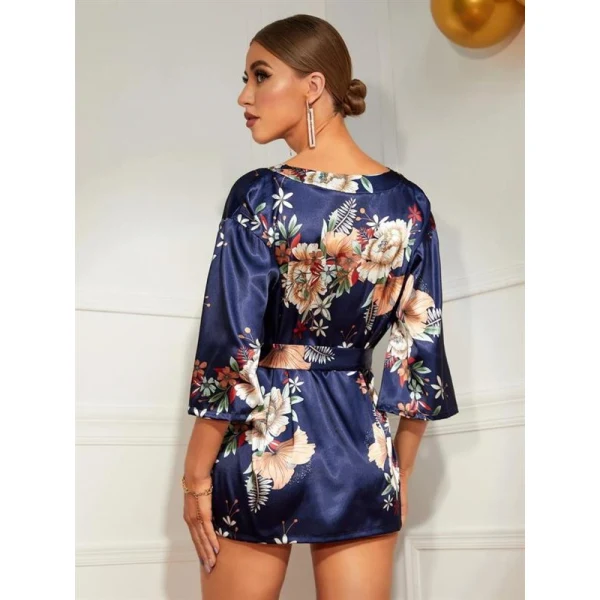 Arias Closet Çiçek Desenli Mavi Mini Saten Gecelik Sabahlık