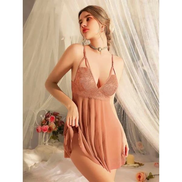 Arias Closet Dantel İşlemeli Tül Transparan Kahverengi Fantezi Gecelik