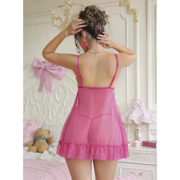 Arias Closet Fuşya Dantel İşlemeli Göğüs Dekolteli Fiyonklu Fantezi String Tül Gecelik Takımı