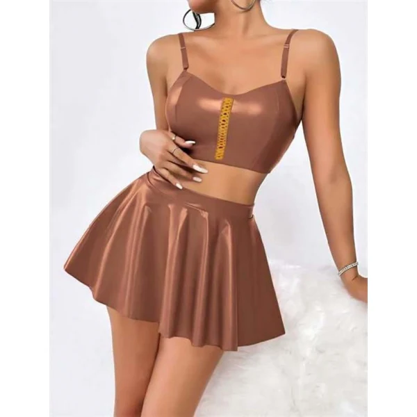 Arias Closet Kahverengi Etekli Fantezi Deri Şık Elbise