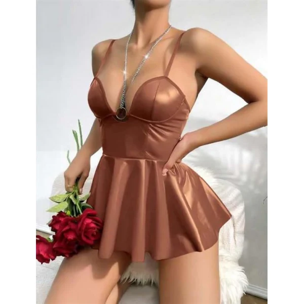 Arias Closet Kahverengi Parlak Lame Fantezi Deri Elbise