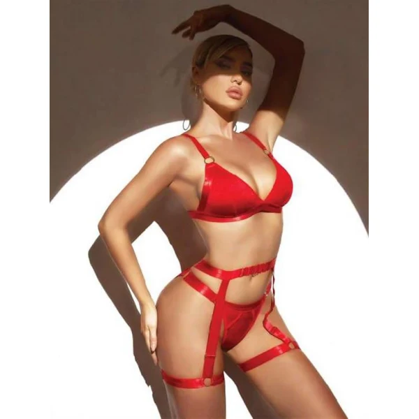 Arias Closet Kırmızı Bacak Aksesuarlı Fantezi Jartiyer Takım