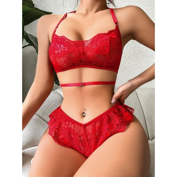 Arias Closet Kırmızı Dantel İşlemeli Fantezi Şık Sütyen Külot Takımı