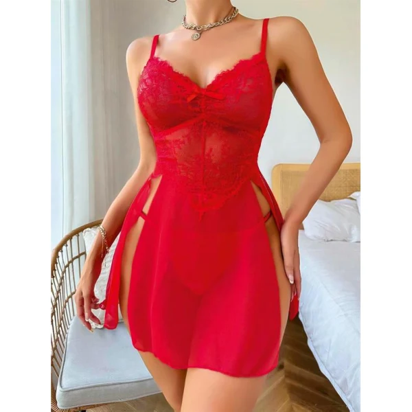 Arias Closet Kırmızı Dantel İşlemeli Fiyonk Detaylı Yanları Dekolteli Fantezi Gecelik