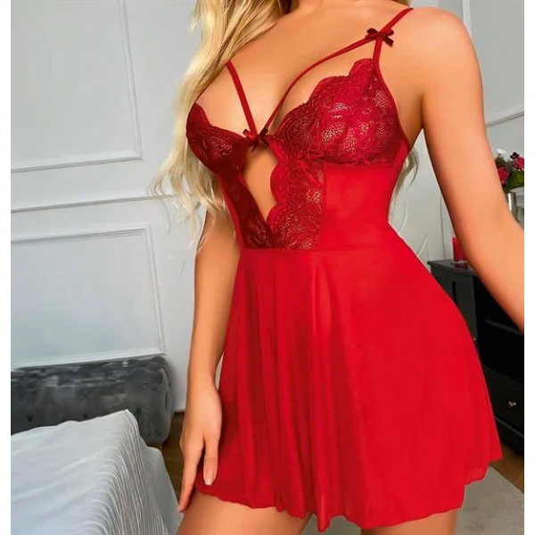 Arias Closet Kırmızı Dantel İşlemeli Göğüs İp Detaylı Fantezi Tül Gecelik Takımı
