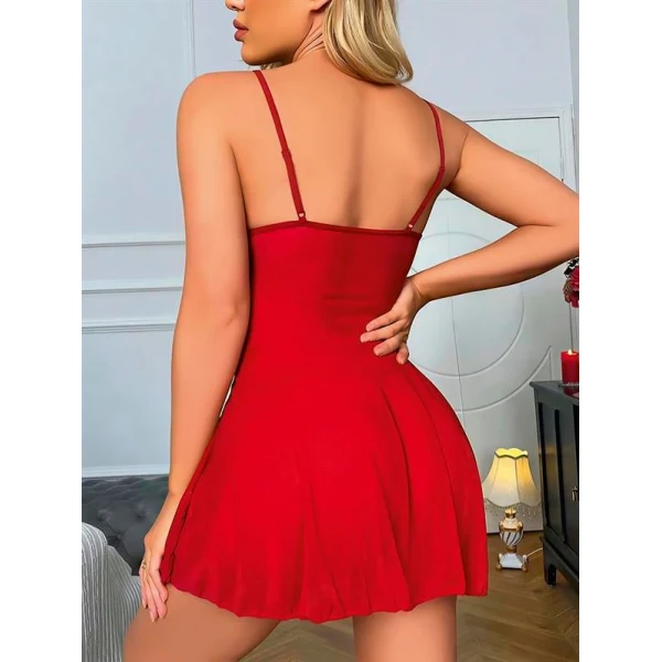 Arias Closet Kırmızı Dantel İşlemeli Göğüs İp Detaylı Fantezi Tül Gecelik Takımı