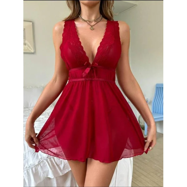 Arias Closet Kırmızı Dantel İşlemeli Tül Fantezi Gecelik