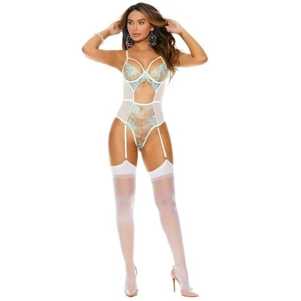 Arias Closet Mavi Çiçek Desenli Dantel İşlemeli Beyaz Fantezi Body Jartiyer Takımı