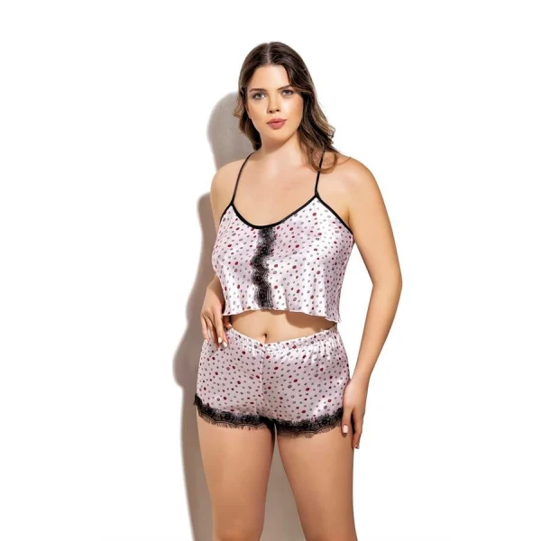 Arias Closet Öpücük Desenli Fantezi Büyük Beden Şortlu Saten Takım