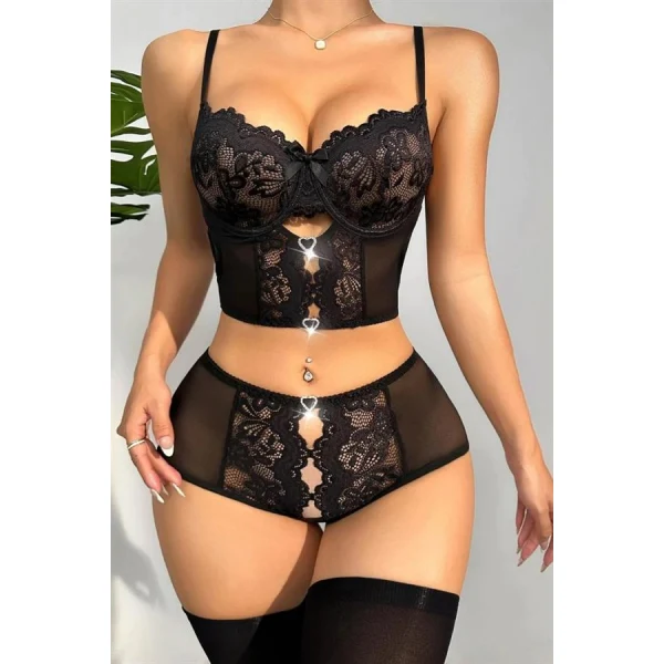 Arias Closet Özel Bölgesi Açık Siyah Dantelli Fantezi Büstiyer Takım