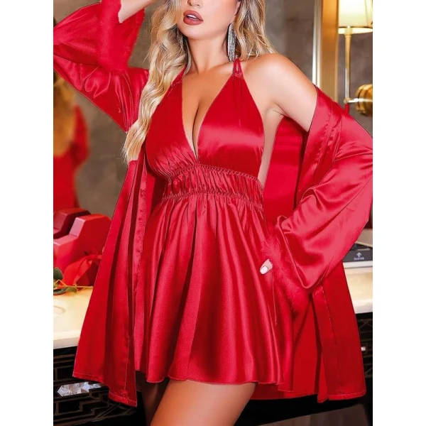 Arias Closet Özel Tasarım Boyundan Bağlamalı Göğüs Dekolteli Sabahlıklı 2li Kırmızı Saten Gecelik Takımı