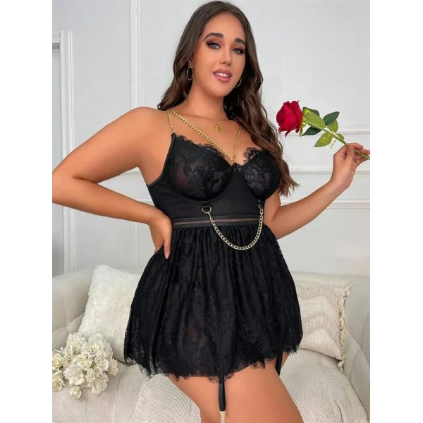 Arias Closet Özel Tasarım Büyük Beden Fantezi Zincir Detaylı Dantelli Gecelik