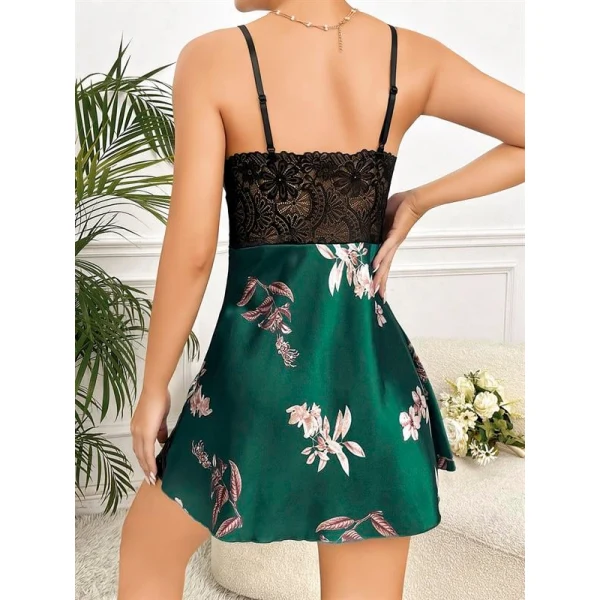 Arias Closet Özel Tasarım Çiçek Desenli İnce Askılı Dantel İşlemeli Yeşil Mini Saten Gecelik