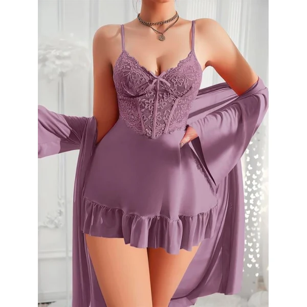 Arias Closet Özel Tasarım Dantel İşlemeli Fırfırlı Sabahlıklı 2li Mor Gecelik Takımı