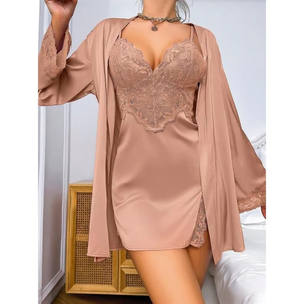 Arias Closet Özel Tasarım Dantel İşlemeli Şık Göğüs Dekolteli Sabahlıklı 2li Saten Gecelik Takımı