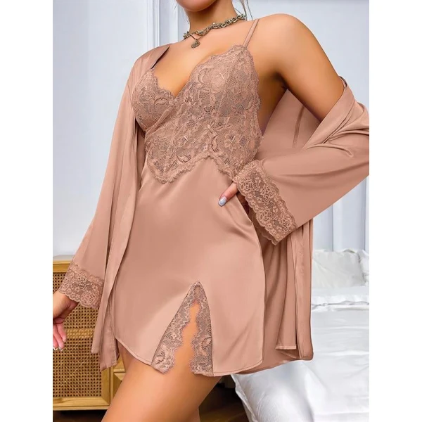 Arias Closet Özel Tasarım Dantel İşlemeli Şık Göğüs Dekolteli Sabahlıklı 2li Saten Gecelik Takımı