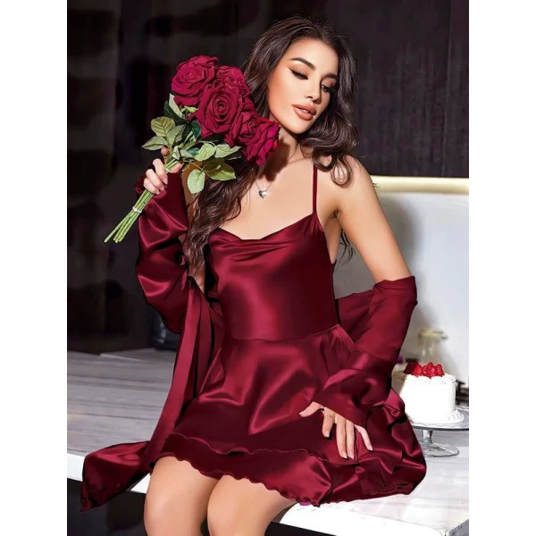 Arias Closet Özel Tasarım Sırt Dekolteli Sabahlıklı Saten Bordo 2li Gecelik Takımı