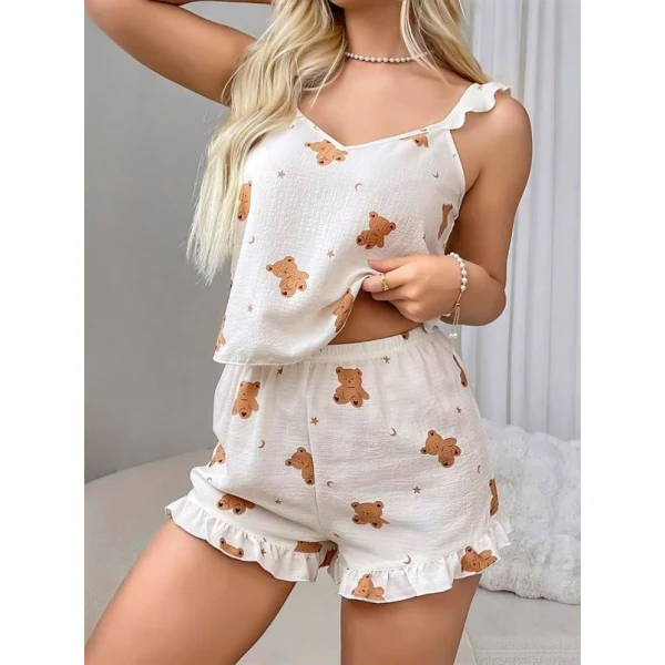 Arias Closet Pamuklu Ayıcık Desen Fırfırlı Askılı Şortlu Pijama Takımı