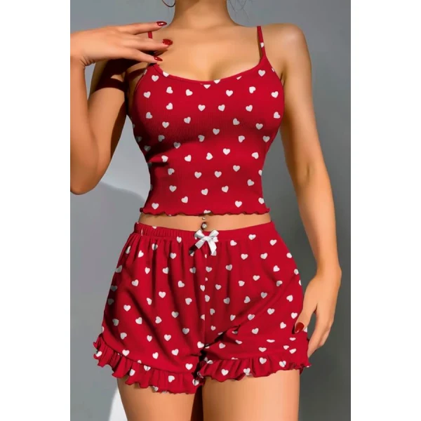 Arias Closet Pamuklu Kırmızı Üstüne Beyaz Kalp Desen Fitilli Askılı Şortlu Pijama Takımı