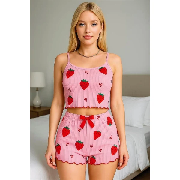 Arias Closet Pamuklu Pembe Üstüne Çilek Desen Fitilli Askılı Şortlu Pijama Takımı