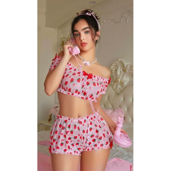Arias Closet Pembe Çilek Desenli Şortlu Fantezi Sütyen Takımı