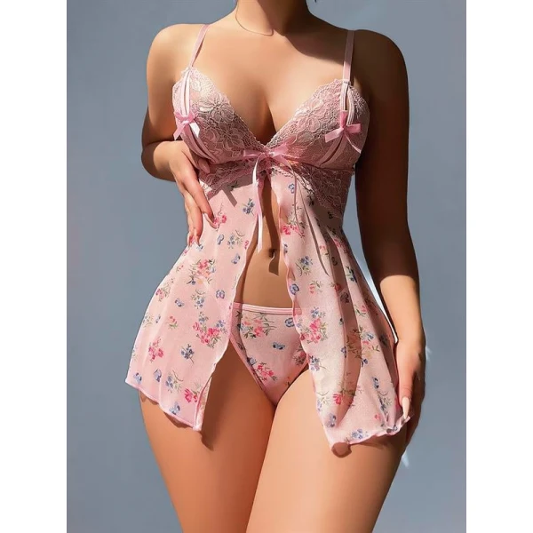 Arias Closet Pembe Dantel İşlemeli Çiçek Desenli Fantezi Gecelik