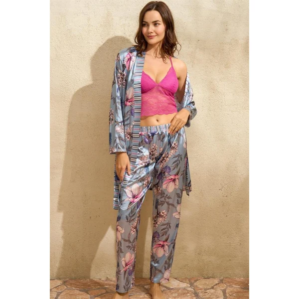 Arias Closet Saten Çiçek Baskılı Sabahlık Balensiz Desteksiz Dolgusuz Dantelli Bralet Sütyen ve Pantolon Pijama 3lü Takım