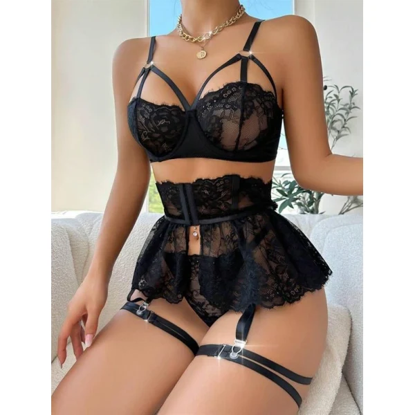 Arias Closet Siyah Dantelli Göğüs İp Detaylı Fantezi Jartiyer Takımı