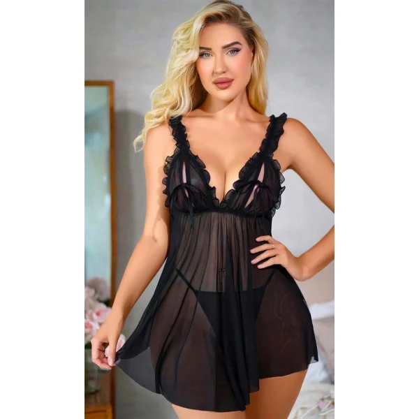 Arias Closet Sİyah Fırfırlı Göğüs Dekolteli Transparan Fantezi Tül Gecelik