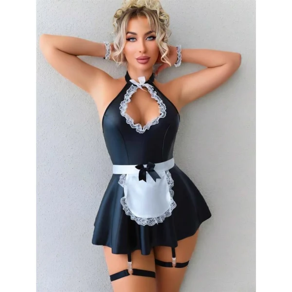 Arias Closet Siyah Göğüs Dekolteli Boyundan Bağlamalı Mini Etekli Fantezi Deri Hizmetçi Kostümü