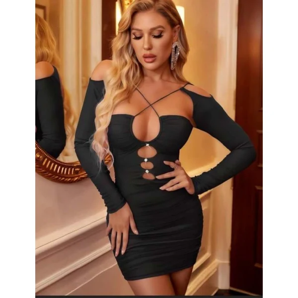 Arias Closet Siyah Göğüs Dekolteli İp Detaylı Mini Club Elbisesi