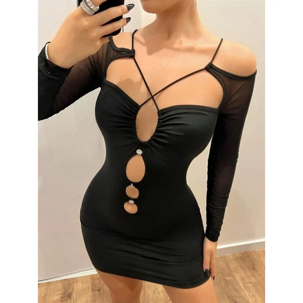 Arias Closet Siyah Göğüs Dekolteli İp Detaylı Mini Club Elbisesi