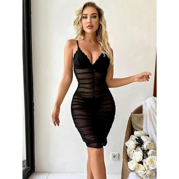 Arias Closet Siyah Transparan Tül Büzgülü Fantezi Gecelik