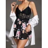 Arias Closet Özel Tasarım Çiçek Desenli Dantel İşlemeli Şık Göğüs Dekolteli Siyah Saten Gecelik