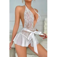 Arias Closet Beyaz Dantel İşlemeli Özel Bölgesi Açık Fantezi Kurdelalı Body