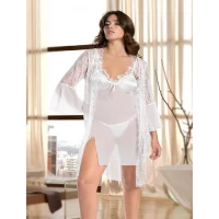 Arias Closet Beyaz Transparan Dantel İşlemeli Tül Yırtmaçlı 2li Gecelik Takımı