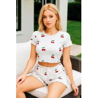 Arias Closet Beyaz Üstüne Kiraz Desenli Şortlu Pijama Takımı