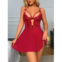 Arias Closet Bordo Dantel İşlemeli Göğüs İp Detaylı Fantezi Tül Gecelik Takımı