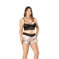 Arias Closet Büyük Beden Altı Şirin Desenli Üstü Dantel Fantezi Şortlu Saten Gecelik