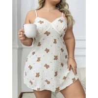 Arias Closet Büyük Beden Ayıcık Desenli Pamuklu İnce Askılı Mini Gecelik