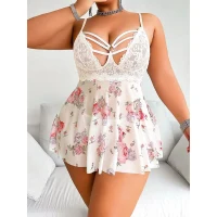 Arias Closet Büyük Beden Beyaz Üstüne Çiçek Desenli Dantel İşlemeli İnce Askılı Mini Gecelik