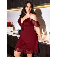 Arias Closet Büyük Beden Bordo Dantel İşlemeli İnce Askılı Gecelik