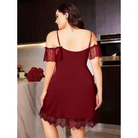 Arias Closet Büyük Beden Bordo Dantel İşlemeli İnce Askılı Gecelik